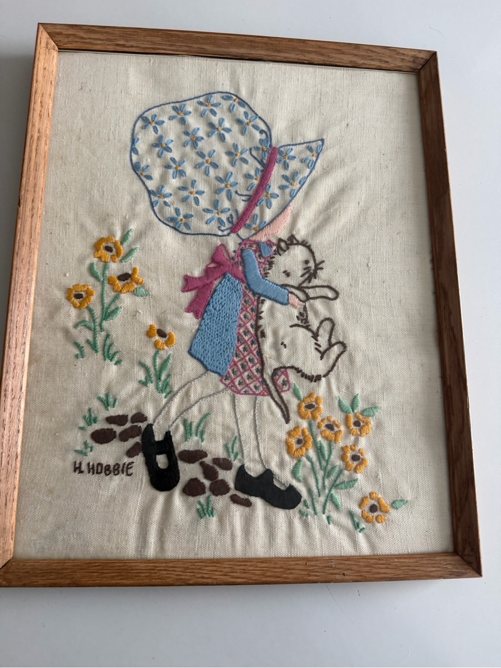 Vintage Holly Hobbie Embroidered Wall Art Framed Blue Cream 15x12